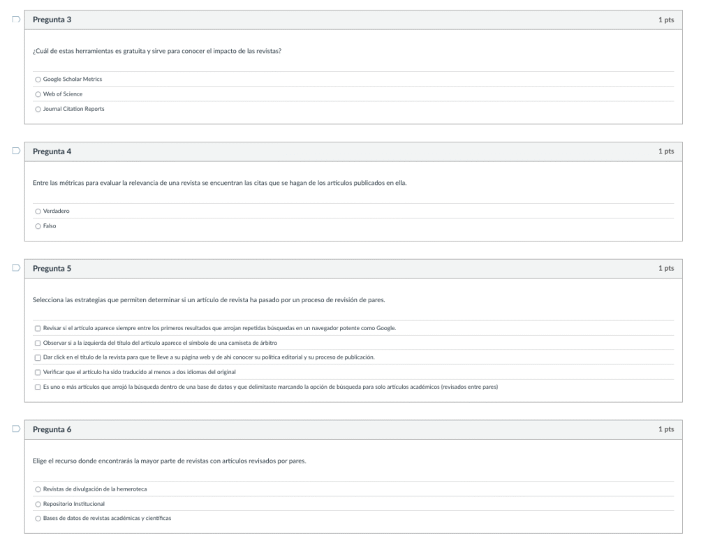 Una imagen de 4 preguntas de una evaluación. El ejemplo muestra una variedad de tipos de preguntas como elección múltiple, verdadero/falso, y respuestas múltiples