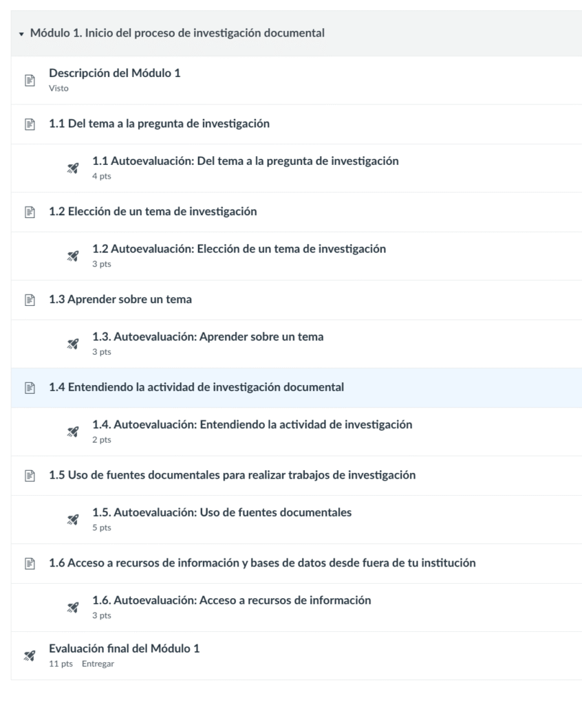 Imagen de la lista de contenidos de módulo 1 mostrando enlaces al contenido didáctico y las autoevaluaciones y la evaluación final del módulo 1.