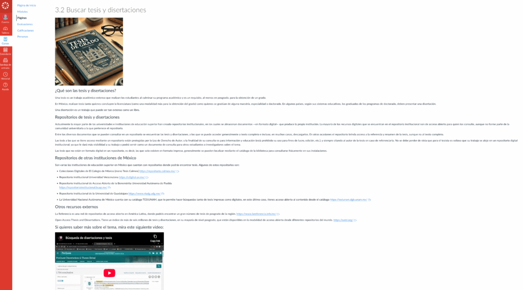 imagen de una página de Canvas sobre cómo buscar tesis y disertaciones. La imagen tiene una imagen de un libro, texto didáctico, y también muestra que algunas páginas incorporan videos de YouTube