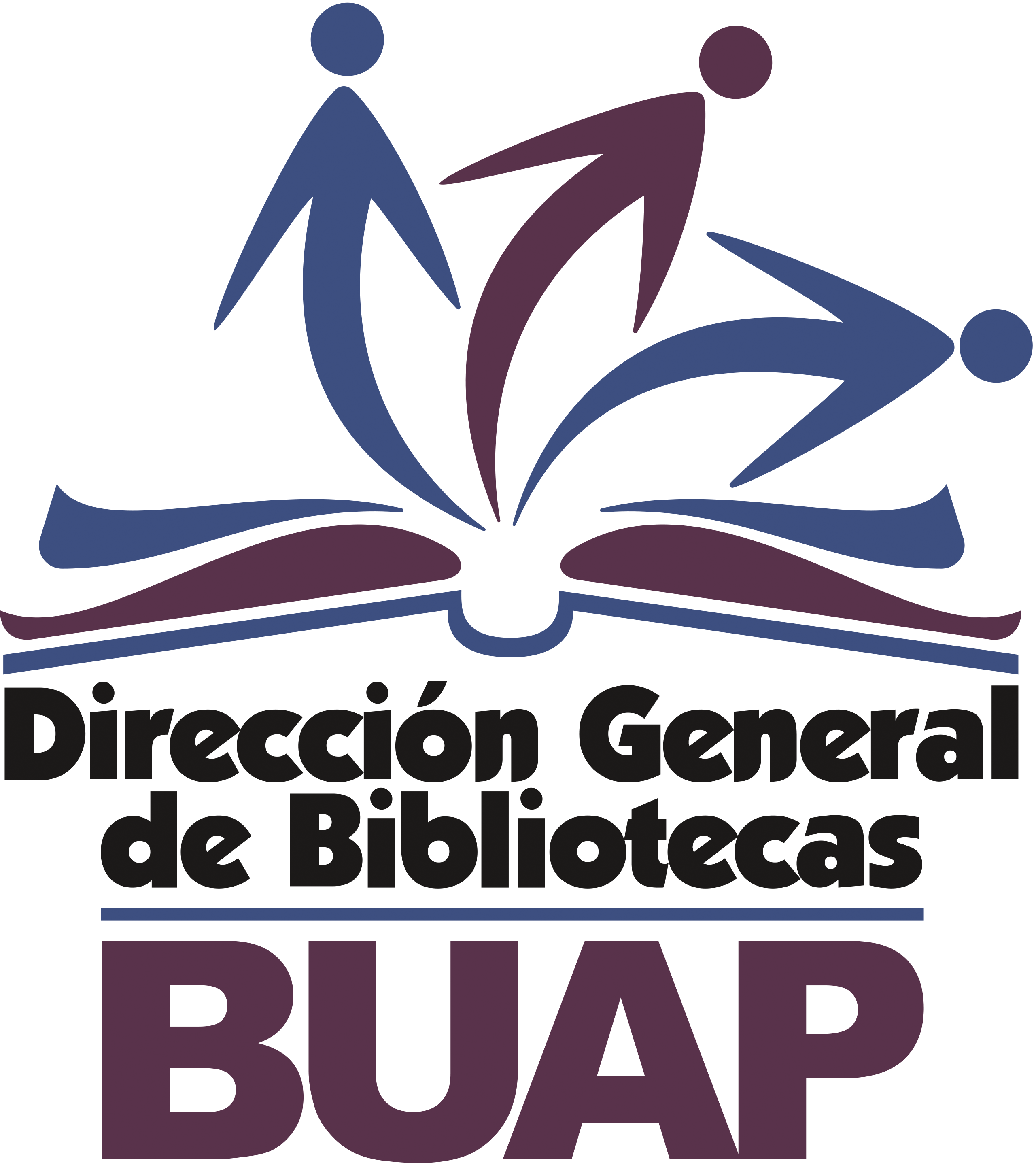 logotipo que tiene un libro con tres personas saliendo de él y las palabras Dirección General de Bibliotecas BUAP