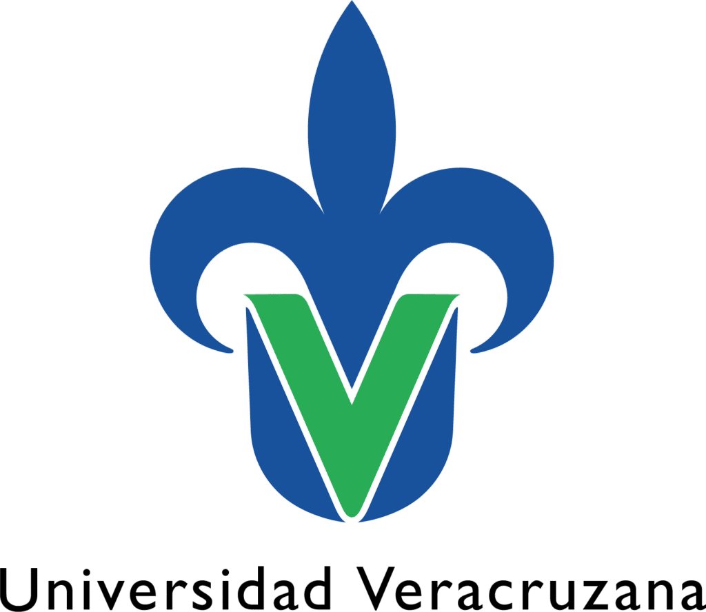 logo verde y azul de la Universidad Veracruzana. El logo es un flor de lis y las letras U V